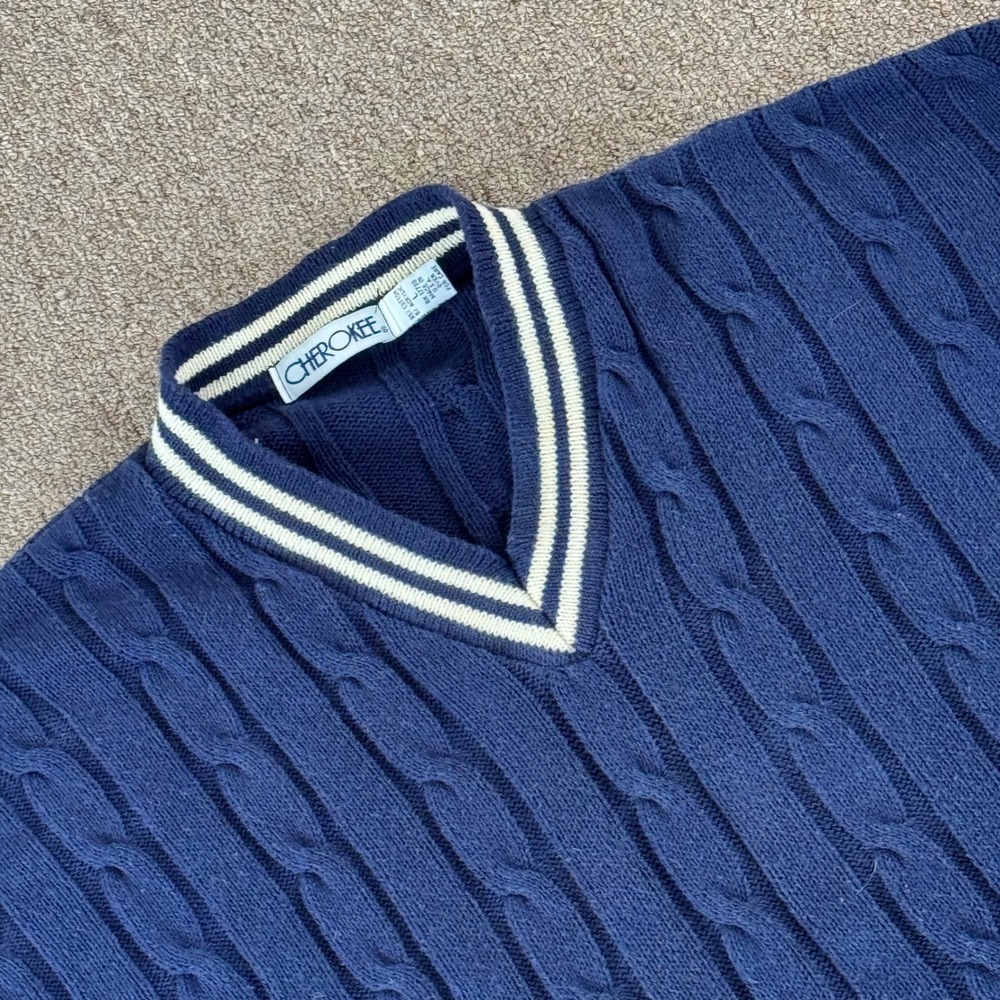 Vintage Cherokee Mens Navy Blue Cable Knit V-Neck Sweater Made‎ in USA Size L